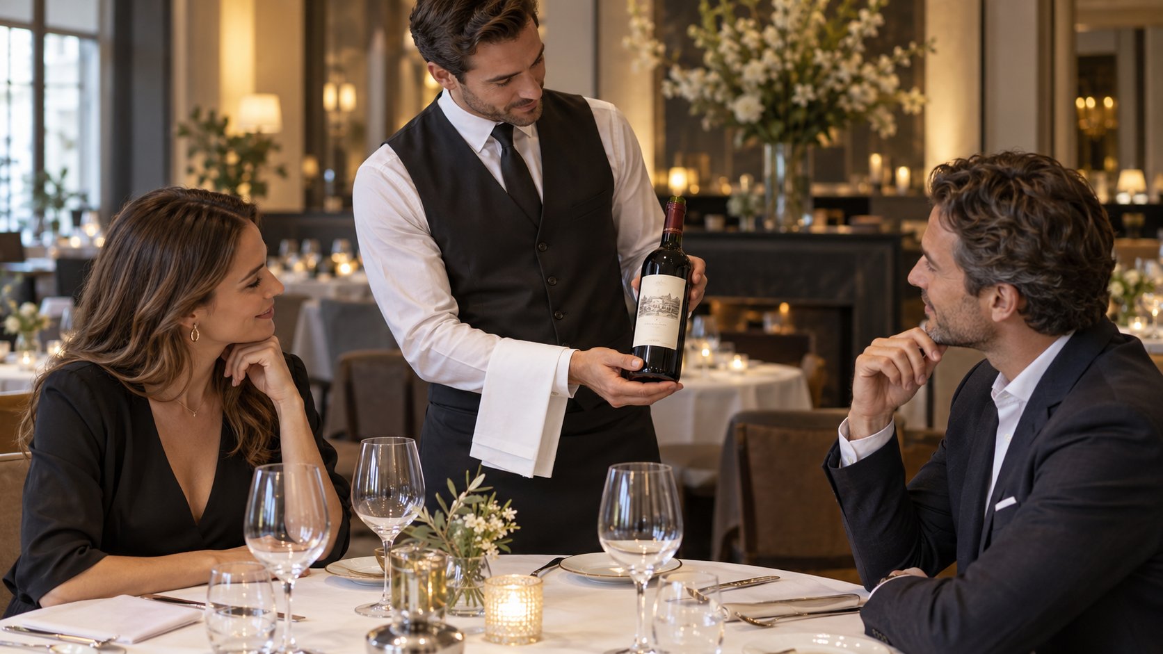 Konobar predstavlja bocu crvenog vina gostima za stolom u elegantnom restoranu.