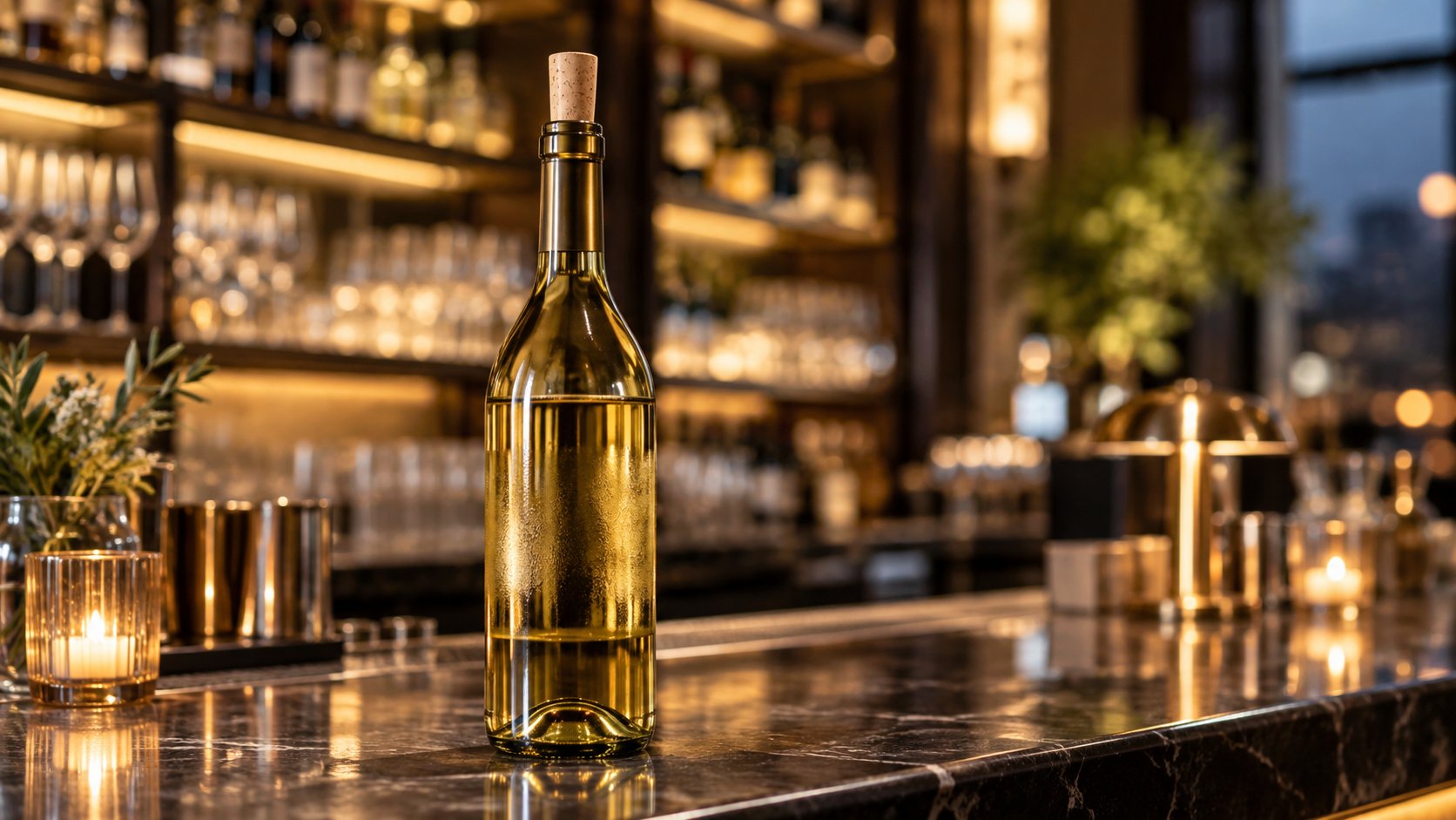 Otvorena boca belog vina zatvorena pampurom na šanku restorana.